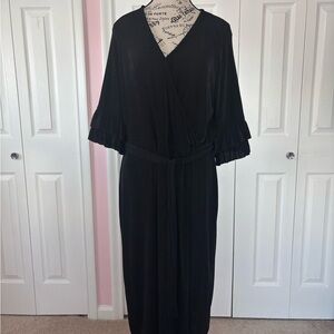 Chic Black Midi Dress with V-Neck and Dolman Sleeves